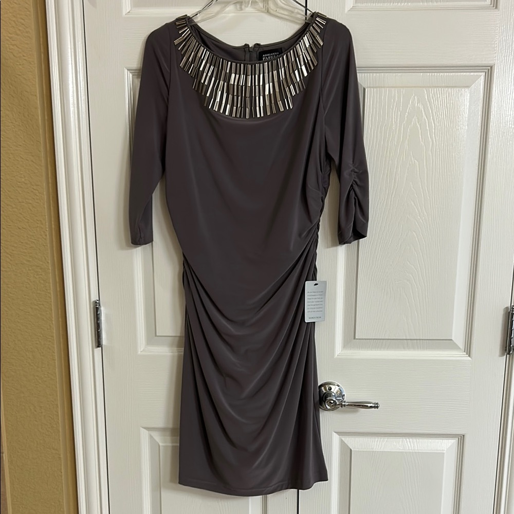 Adrianna Papell Gray Ruched Embellished Sheath Dress